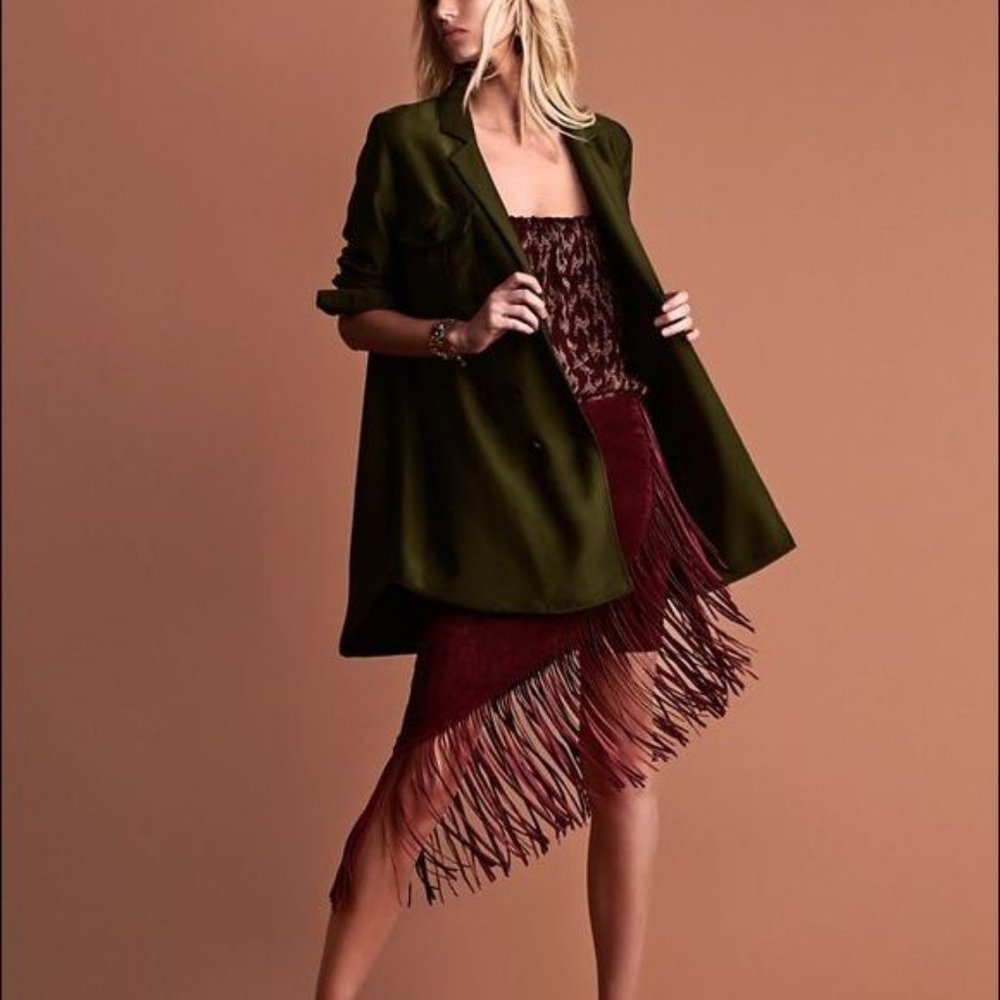 Olive Green Blazer with Burgundy Fringe Skirt